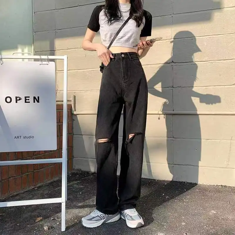 Women\'s Spring and Autumn 2023 New Loose Thin Drape Wide-leg Mopping Pants Black High-waist Ripped Straight-leg Classic Jeans
