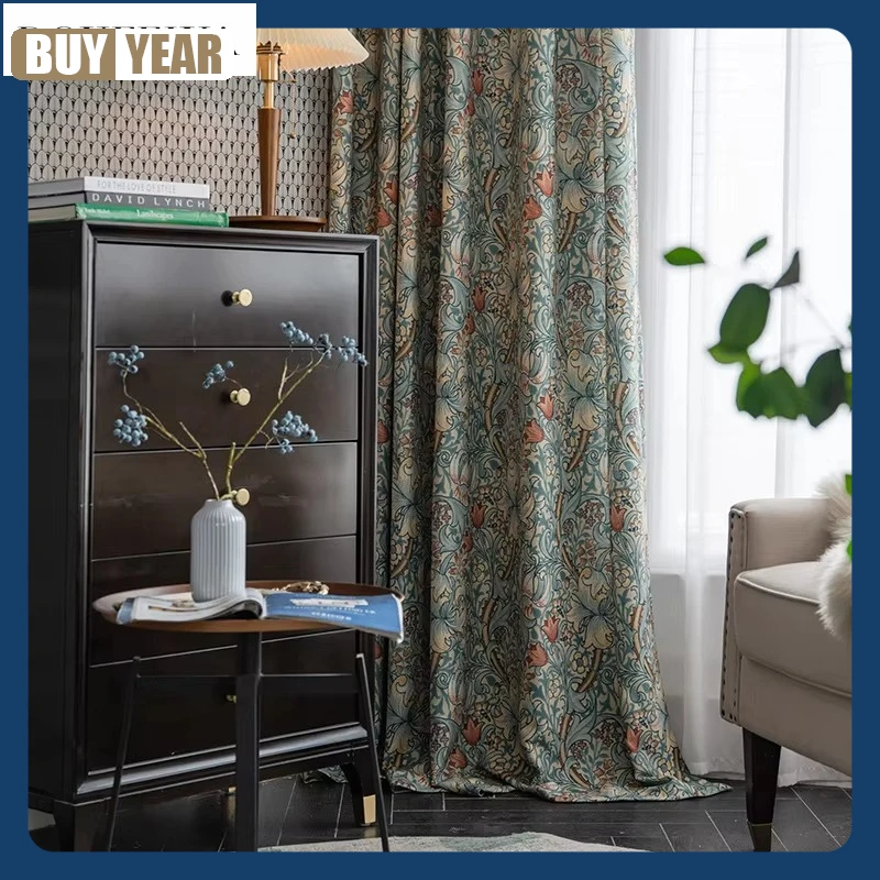 Retro Green Curly Printed Curtains For Living Room Bedroom Luxury American Country Semi-shading Pillow Tablecloth Window Fabric