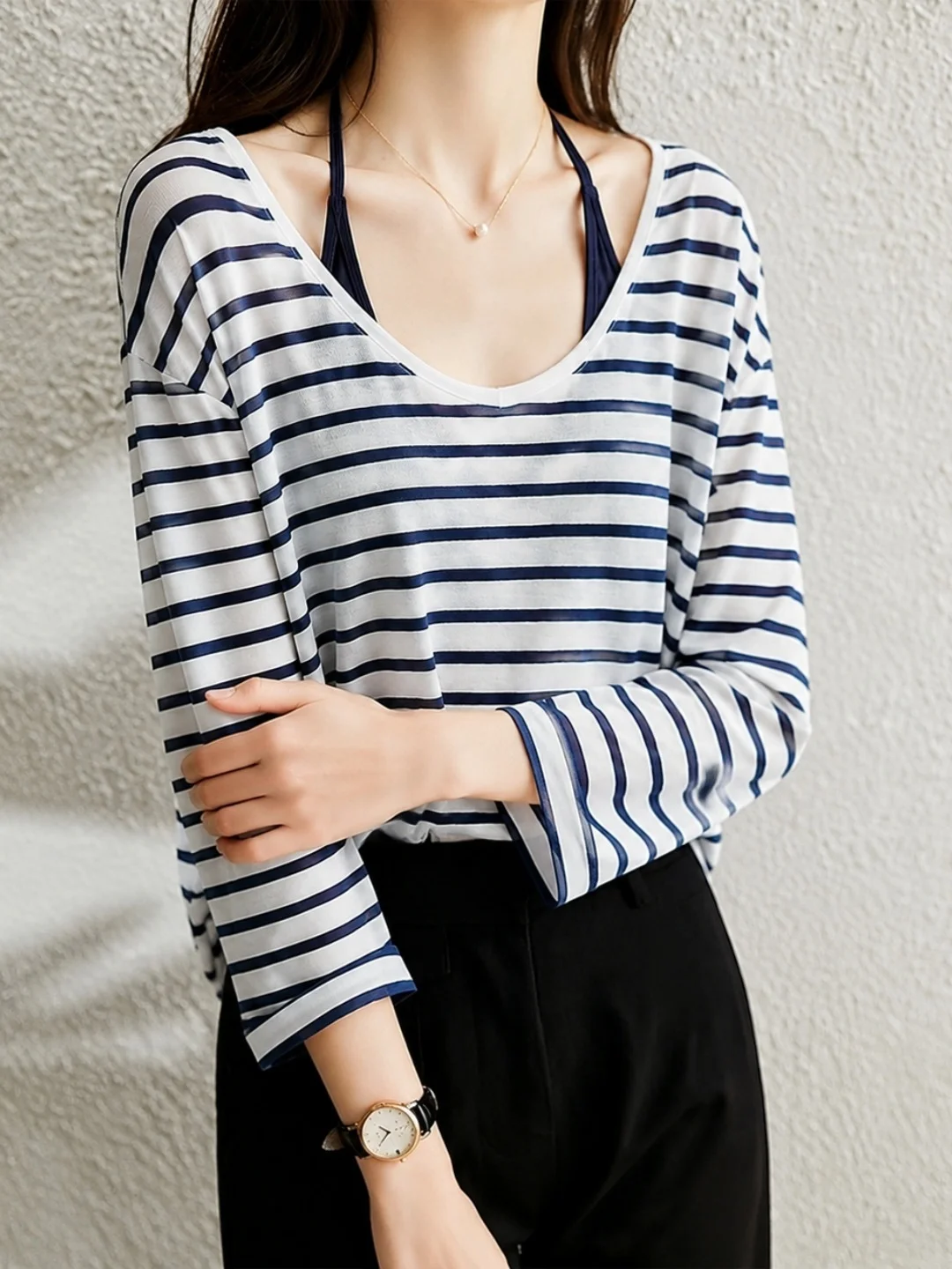 Ladies Long Sleeve T-Shirt Striped Color Block Lazy Style Fashionable Top Women's Autumn New Design Sense Commute Korean Version
