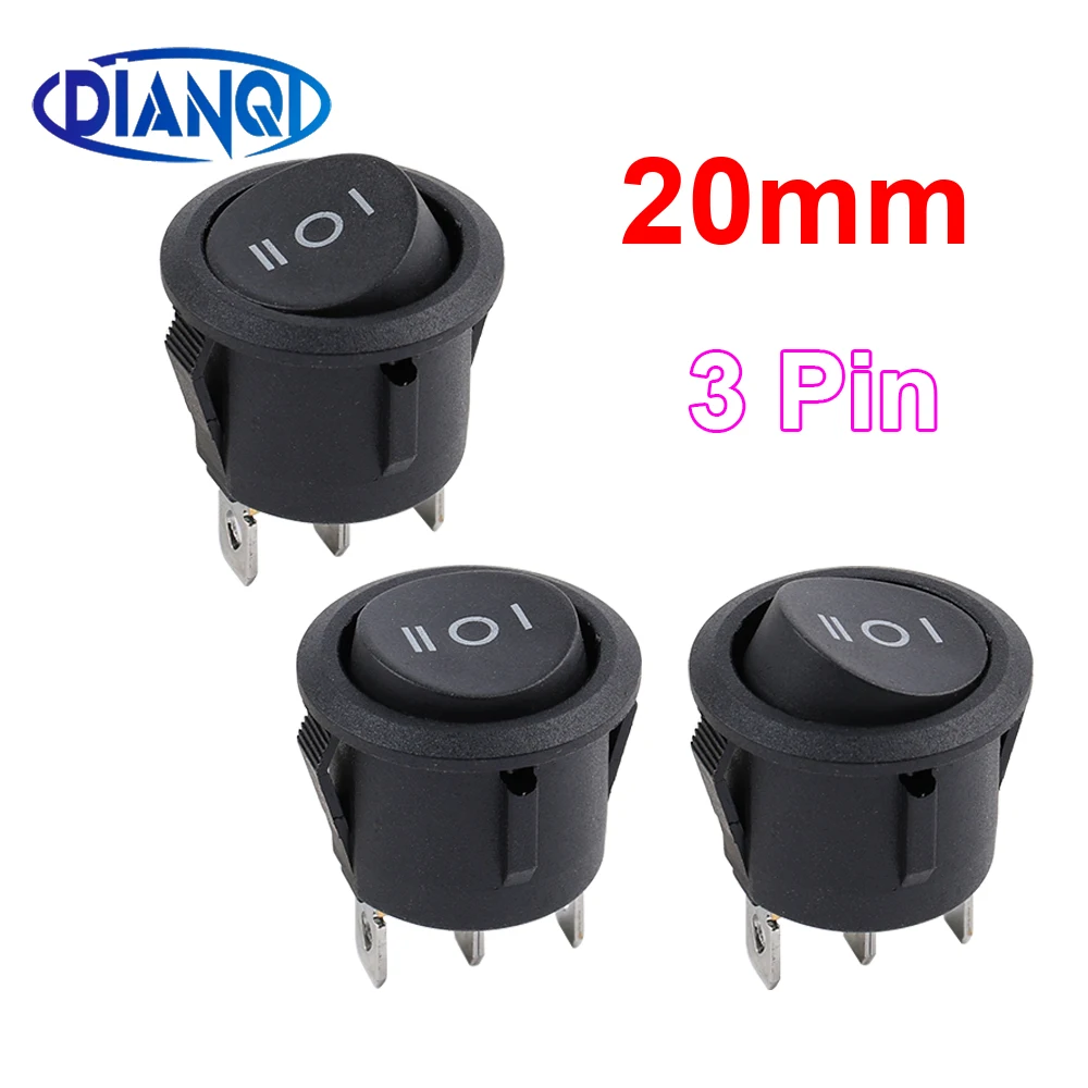 20mm Round Black Push Button Mini Switch KCD 3Pin 6A 250V/10A 125VAC Snap-in On/Off/On Rocker Switch 3 Position Lock