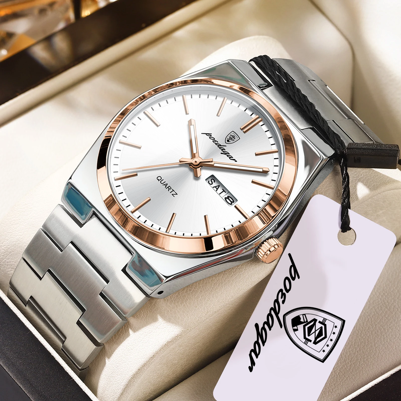 POEDAGAR Luxusuhren für Herren, Edelstahl, wasserdicht, leuchtend, Herrenuhr mit Datum und Wochentag, modische, lässige Quarzuhr für Herren, Reloj