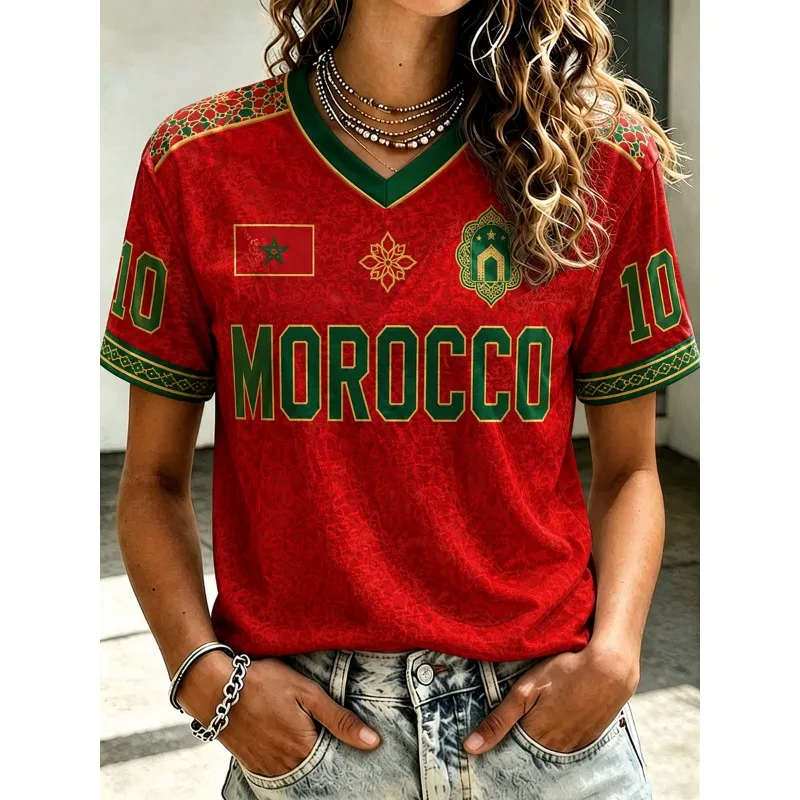 Family Matching Morocco Ornate Floral Embroidered Numbered Themed Football Jersey Breathable Quick-Dry Soccer Fans Soccer Tee