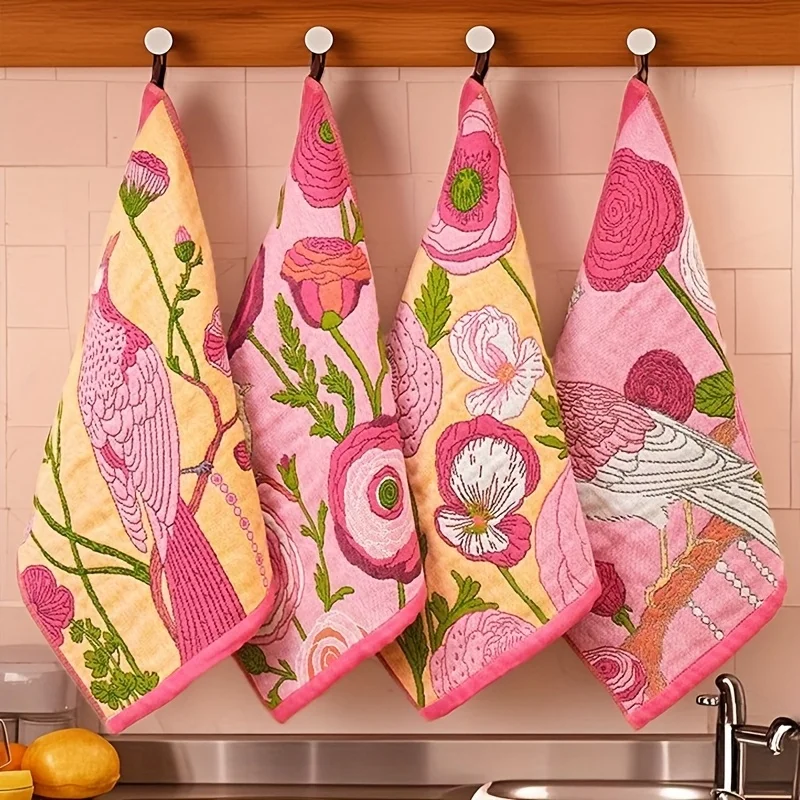Fingertip Towel with Colorful Bird and Flower Pattern, Large Washcloth Hand Towel with Colorful Floral Print Handkerchief Towels