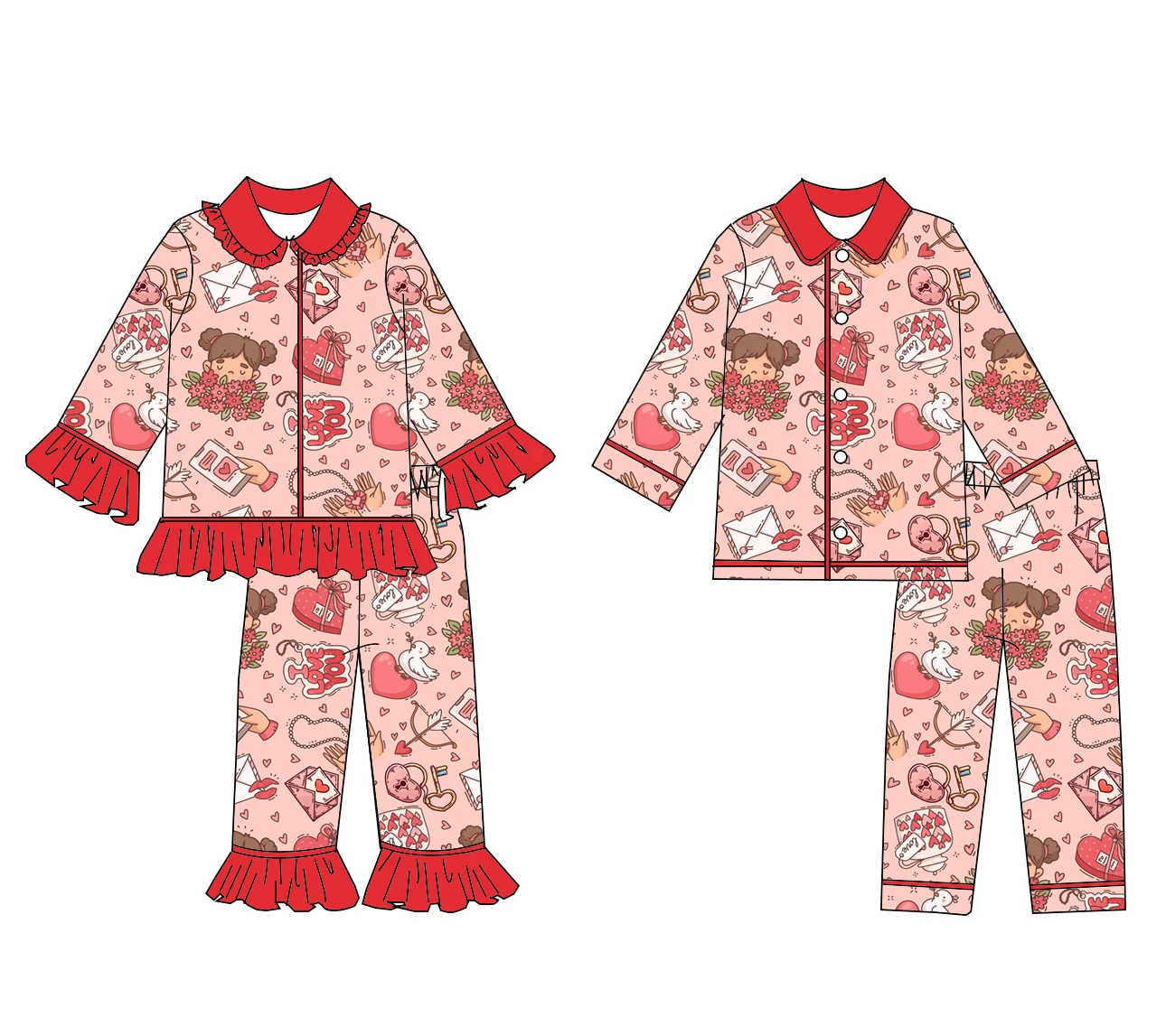 

Floral print floral necklace boys girls collared lace pjs set long-sleeved top pants button-down top elastic waist pants custom