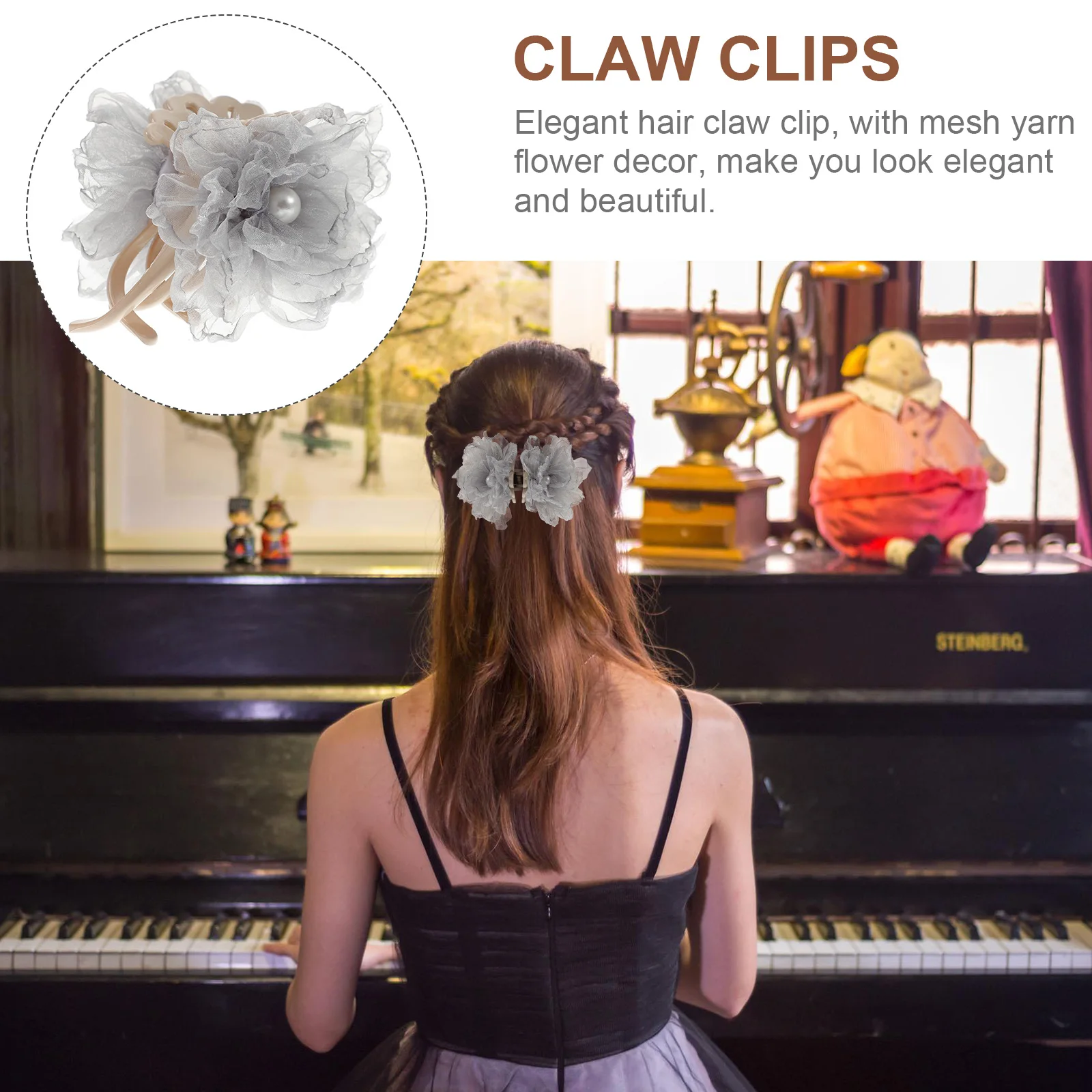 

1pcs Hair Claw Clips Vintage Mesh Yarn Flower Decor Elegant Women Styling Tool Thick Hair Decorative Jaw Clip For Women