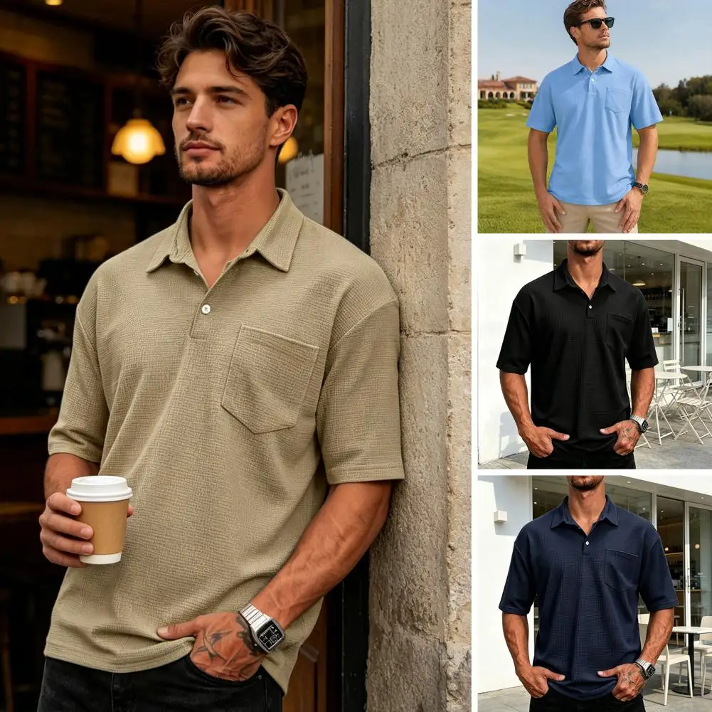 Men Golf Shirt, Short Sleeve Collared T-Shirt, Summer Tee Shirt with Chest Pocket, Stylish Athletic Shirt for Tennis Party Date