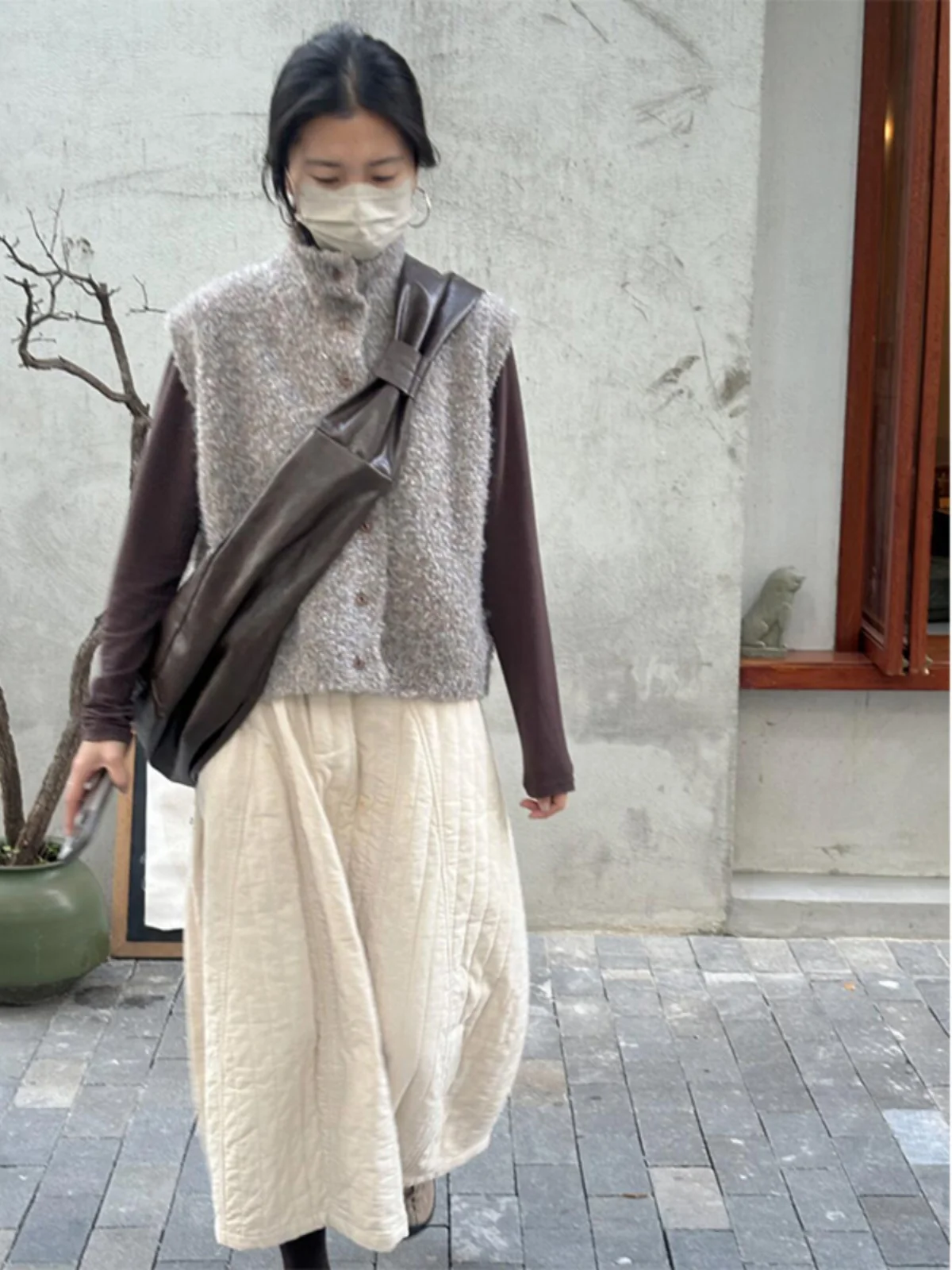 

Korean Japanese Cotton f Skirt Women's Winter Simple Artistic Versatile Color Midi A-Line Skirt Commute Sle Long S...