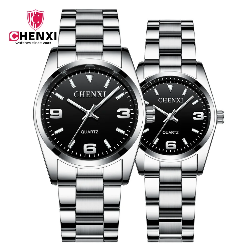 CHENXI 003A Couple Watch Fashion Business Luminous Waterproof Pointer Silvery Steel Wrist Watches for Men and Women Clock Gift