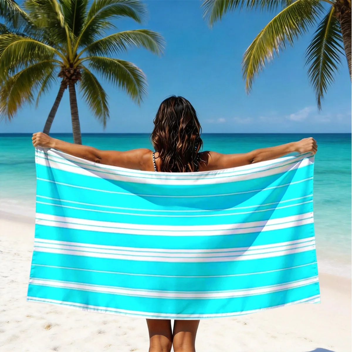 Bright Cyan White Horizontal Stripe Super Absorbent Large Beach Towel Summer Outdoor Pool Travel Soft Bath Blanket