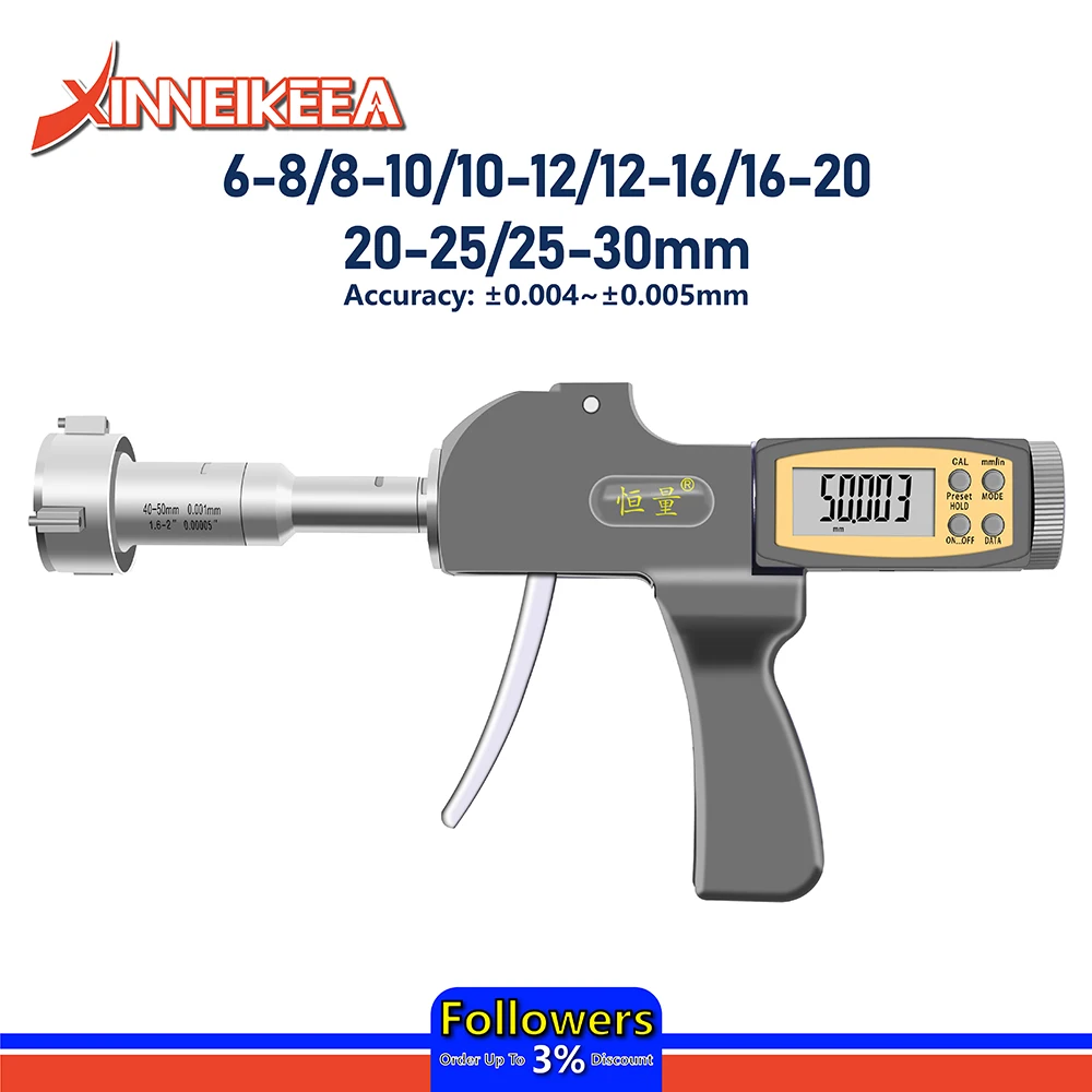 Hand-held Digital Display Three-Claw Internal Micrometer Stainless Steel Inlaid Carbide Three-Point Inner Diameter Ruler 6-30mm