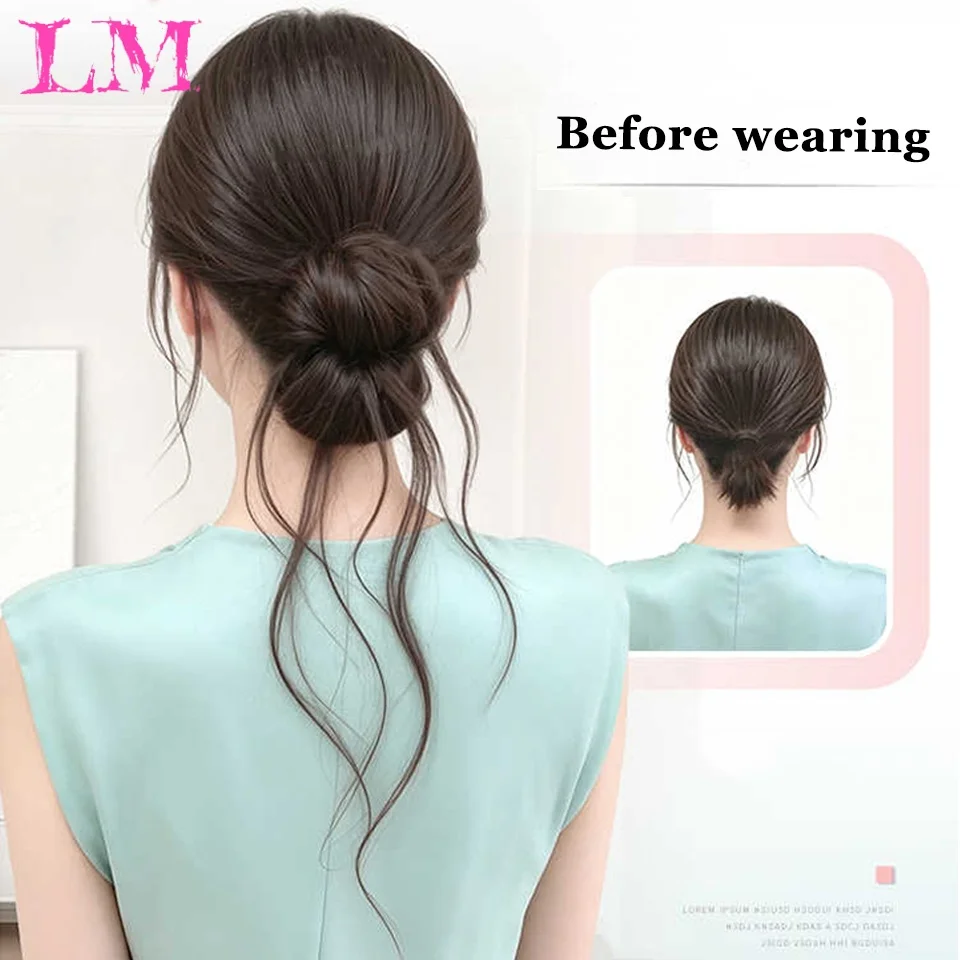 LM Synthetic Natural Brown Messy Low Bun Claw Clip Wig Fake Chignon with Floating Wispy Curly Strands for Ladies Daily Styling