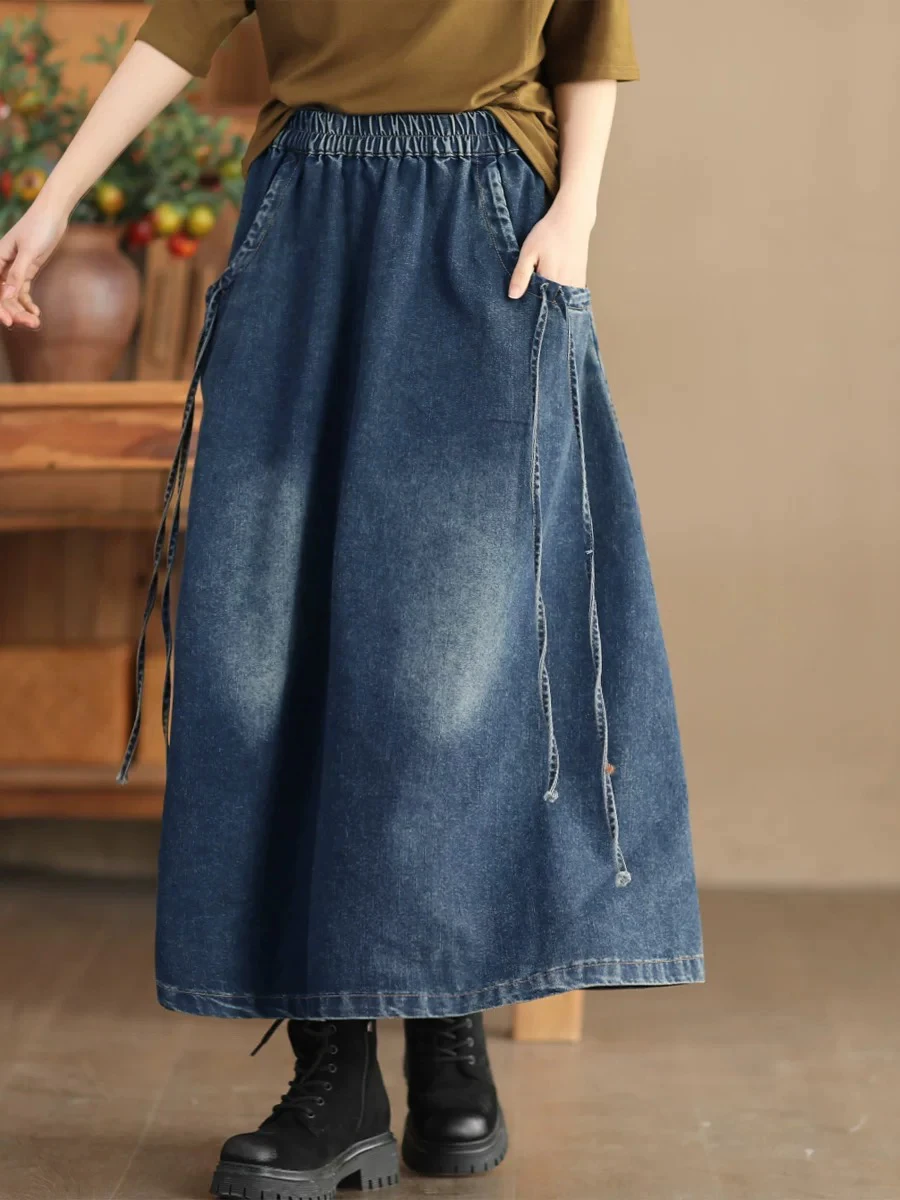 Women Denim Skirt Y2k Clothes Elastic Waist Long Skirt Harajuku Fashion Vintage Solid A-line Loose Jean Skirt Woman