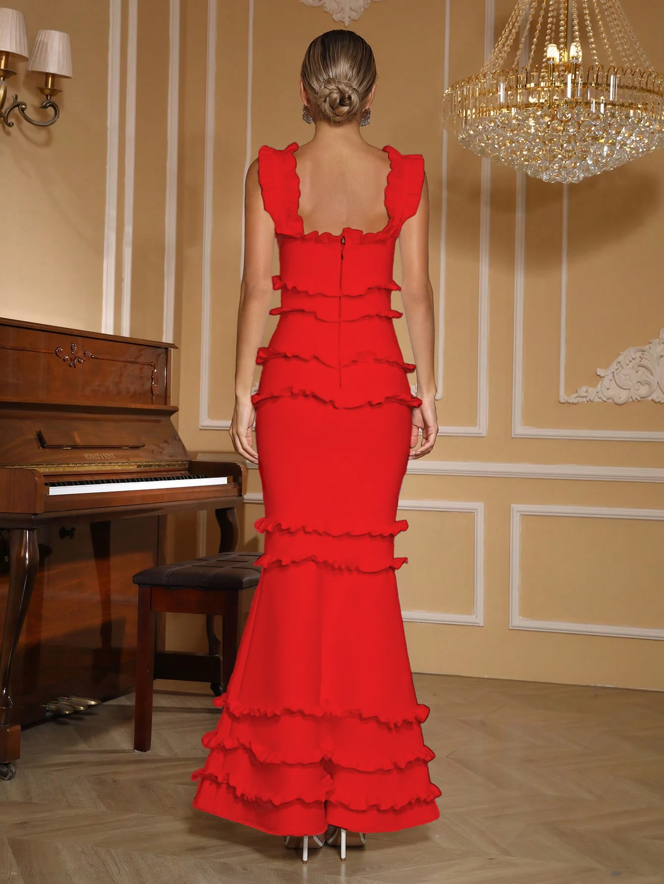 Vestido de bandagem sem mangas elegante festa de noite em camadas babados sereia formal noite ópera gala multi tom preto branco vermelho ​