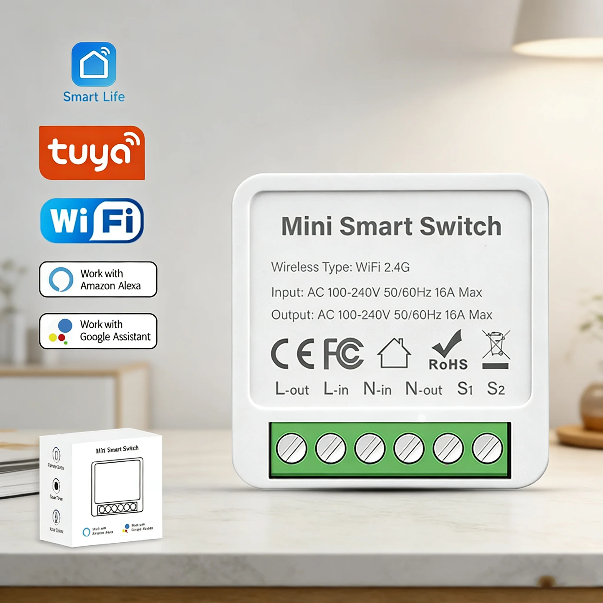 

Модуль умного Wi-Fi выключателя 16А Tuya, 2-стороннее управление, мини-выключатель для умного дома, дистанционное управление через приложение, таймер, совместим с Alexa и Google