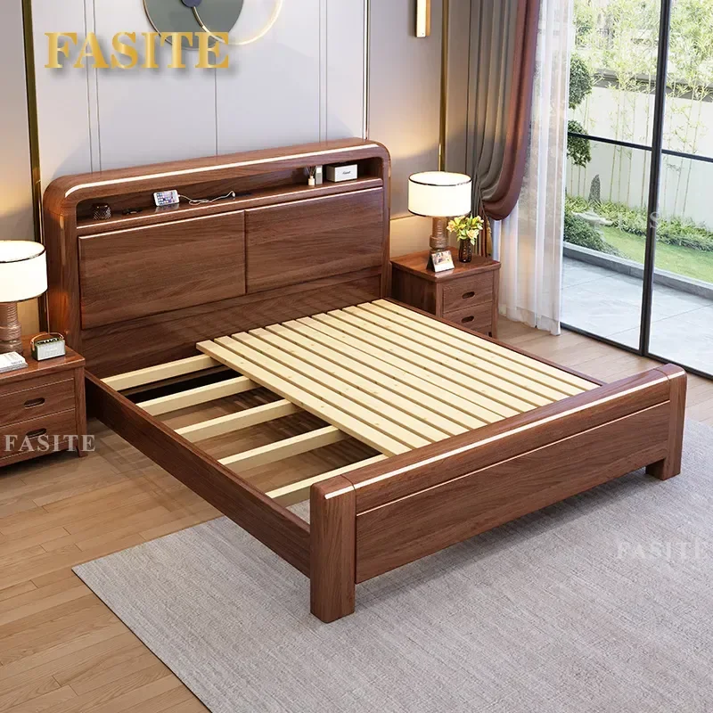 For Walnut Color New Chinese Style Hard Solid Wood Bed Modern Simple Master Bedroom Double Bed Household High Box Storage