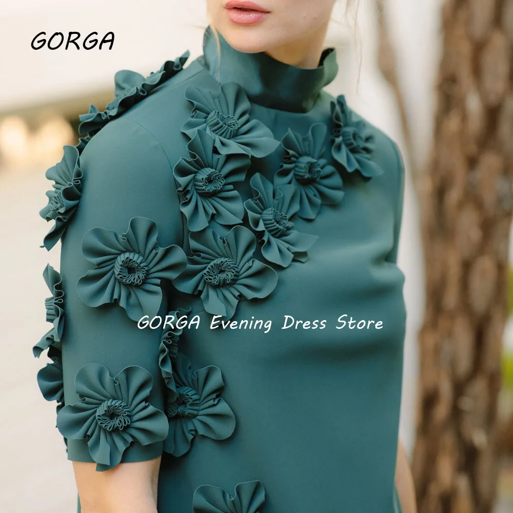 GORGA Green High Neck 3D Flowers Evening Dresses Arabia Crepe Half Sleeve Straight Formal Occasion Dress Floor-Length Party Gown