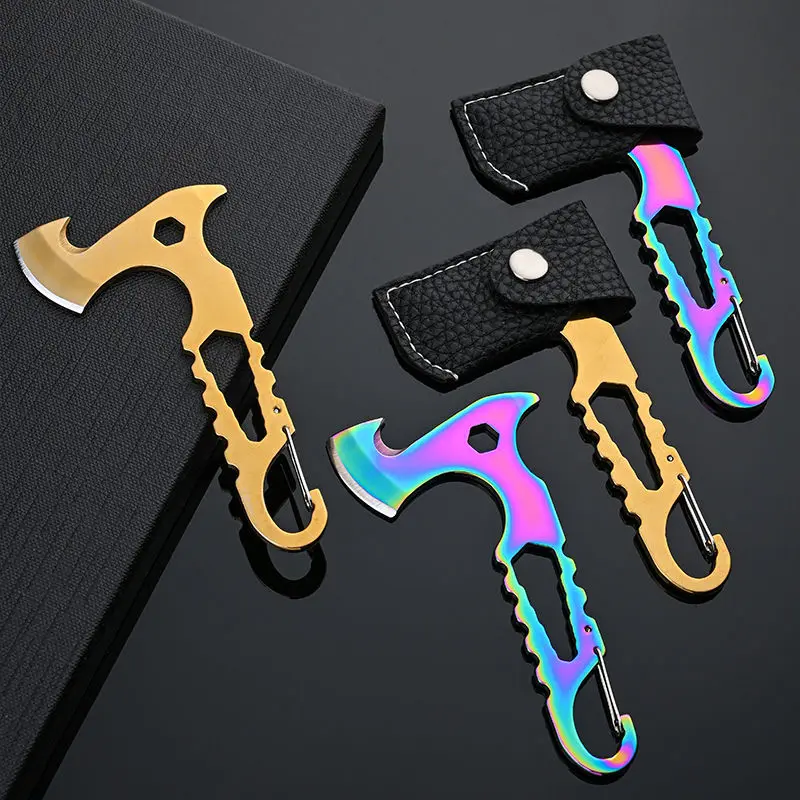 Outdoor zelfverdediging sleutelhanger bijl multifunctionele zes in één mes bijl roestvrij staal Unboxing EDC-tool