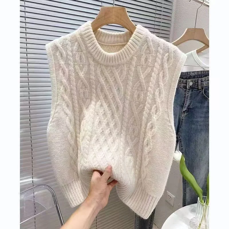 Grey Sleeveless Vest Knitted Vest Women's Autumn And Winter Korean Sweet Style Outerwear Sweater O Neck Casual Knitted Vest