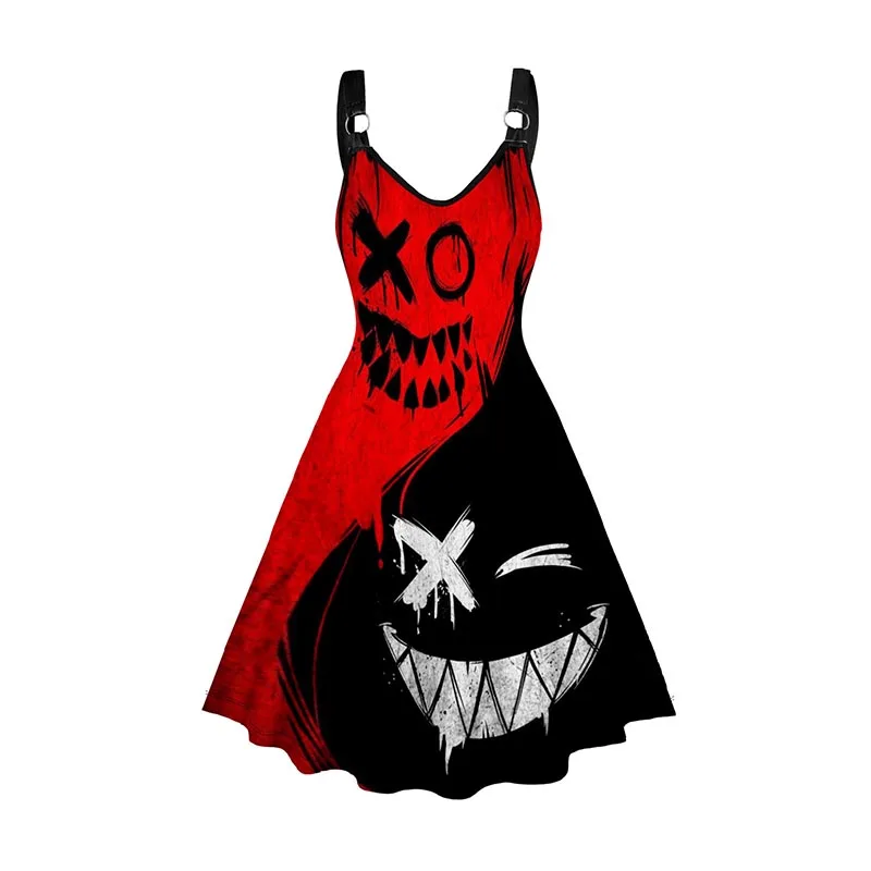 Vestidos góticos de verano para mujer, vestido Midi con estampado de diablo sonriente, cuello en V, corte en A, 2024