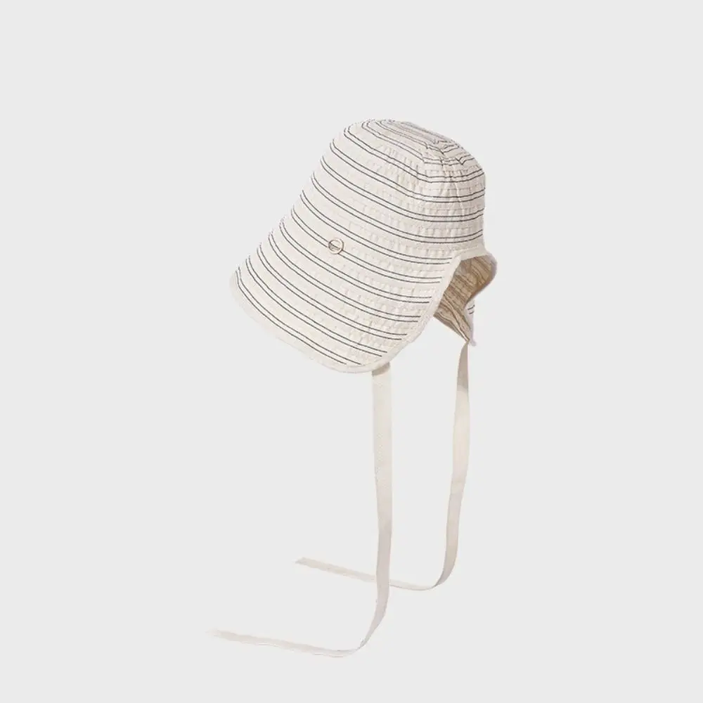 Fashion Ribbon Women Striped Fisherman Hat Solid Color Foldable Summer Sun Hat Wide Brim Cotton Sunscreen Visor Cap Beach