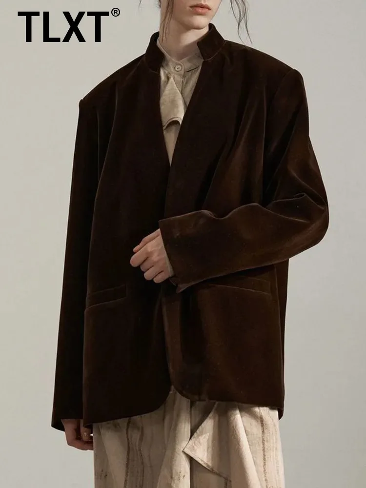 

TLXT темпераментные женские бархатные пиджаки с воротником-стойкой, однобортные женские куртки, модное пальто, мода 2024, осенняя новинка XK1080