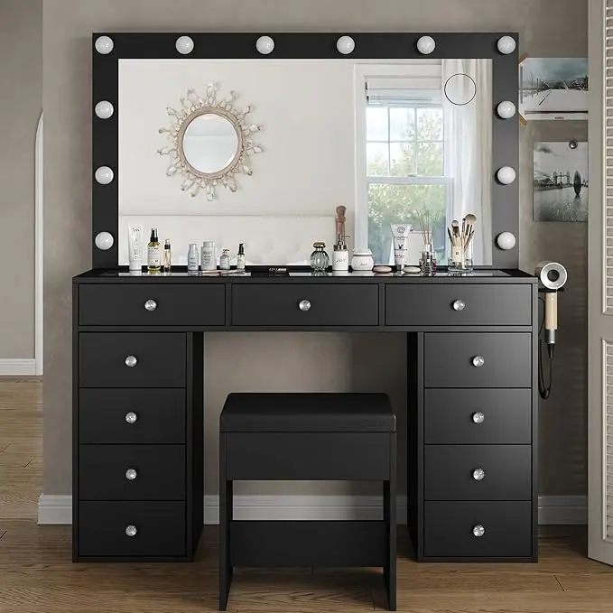 Vanity Desk & Power Outl, Makeup Vanity with Mirror and 12 LED Lights, Makeup Table with 11 Drawers, Vanity Table with Chair