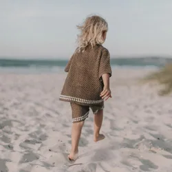 Summer Baby Clothes Hollow Out Turn-down Collar Knitted Sweater Cardigan Shorts Set Baby Sweater Two-piece Set Dgukym