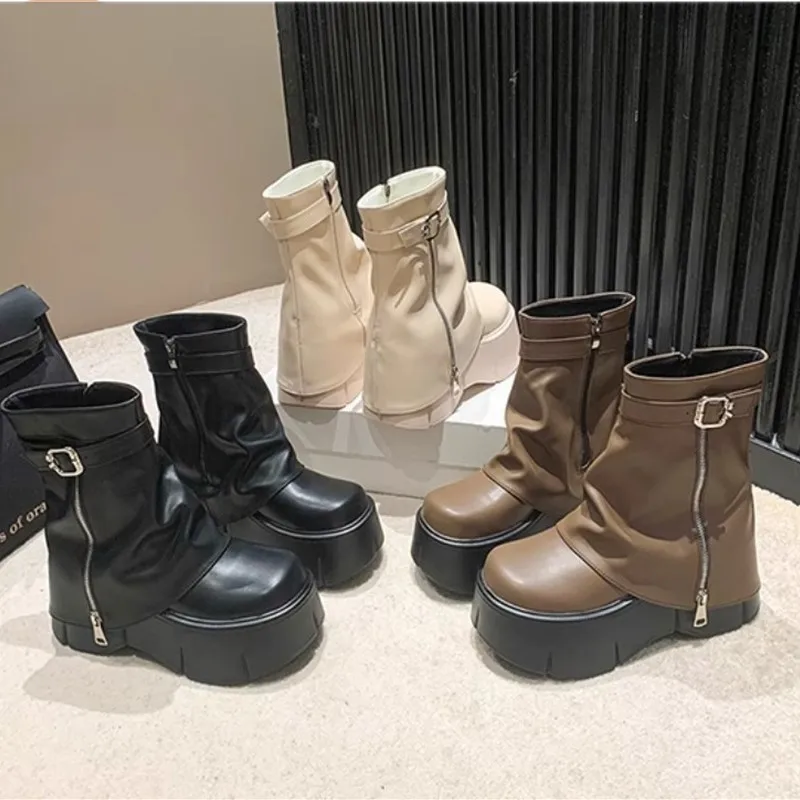 

Осенние женские брюки на высоком массивном каблуке, до середины икры, 8 см, на платформе, на танкетке, на молнии, роскошный дизайн, модные зимние ботильоны в виде акулы