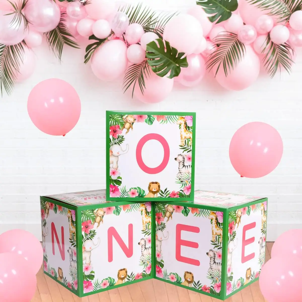 

3 Pcs Wild One Balloon Boxes, Birthday Decorations Girl Jungle 1st Girls Pink and Green for Baby