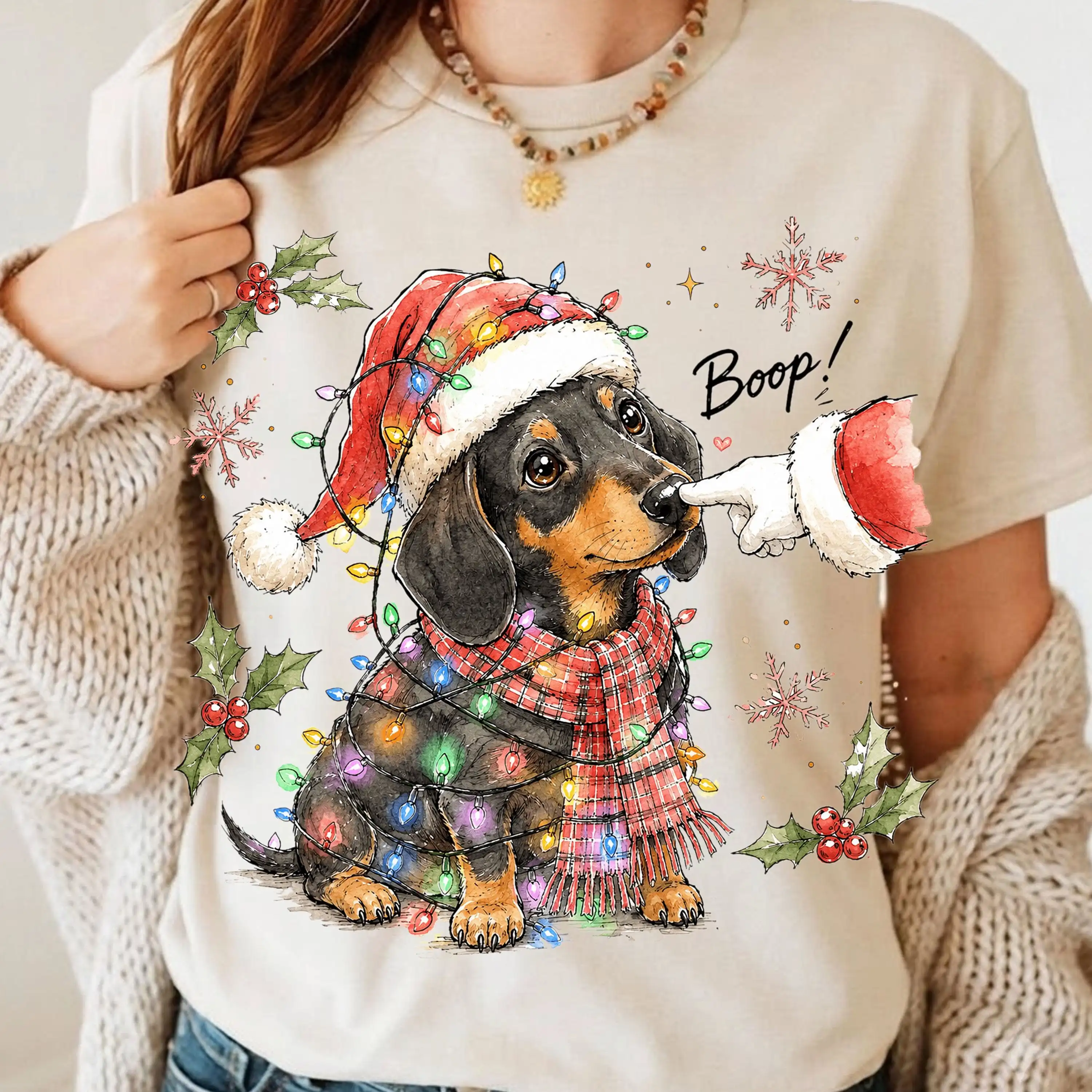 Graphic T Shirt Christmas Dachshund Dog Tops Polyester Blend Casual Tee Santa Hat Puppy Pet Owner Holiday Outfits
