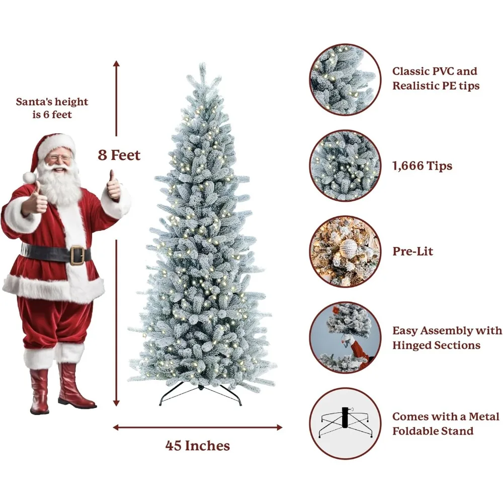 8ft Artificial Christmas Tree with Warm White LED Lights, Flocked Christmas Tree, with Hinged Sections and Metal Stand