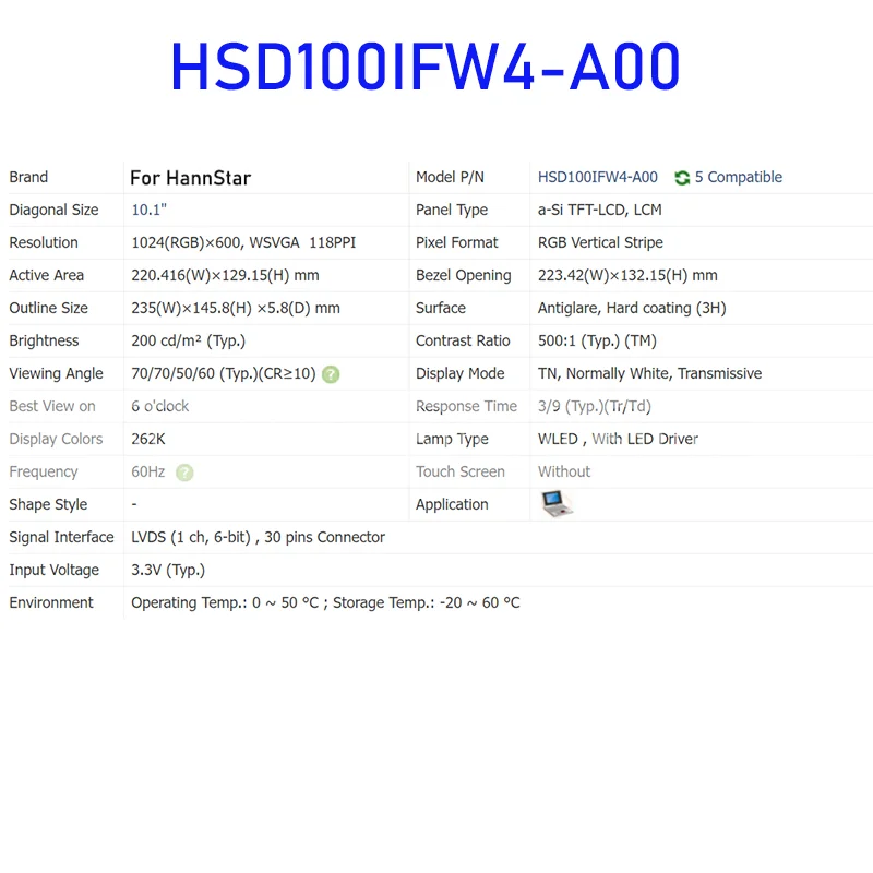 HSD100IFW4-A00 10.1นิ้วแผงจอแสดงผล LCD ของแท้สำหรับ HannStar ตัวเชื่อมต่อ30พินใหม่เอี่ยมส่งเร็วทดสอบ100%