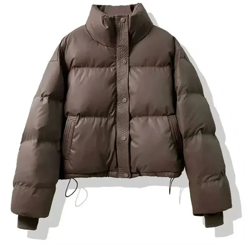 2026 Winter Petite Fashion Bread Warm Thickened PU Leather Down Cotton Jacket For Women CoffeeMaillard Stand Up Collar New Short