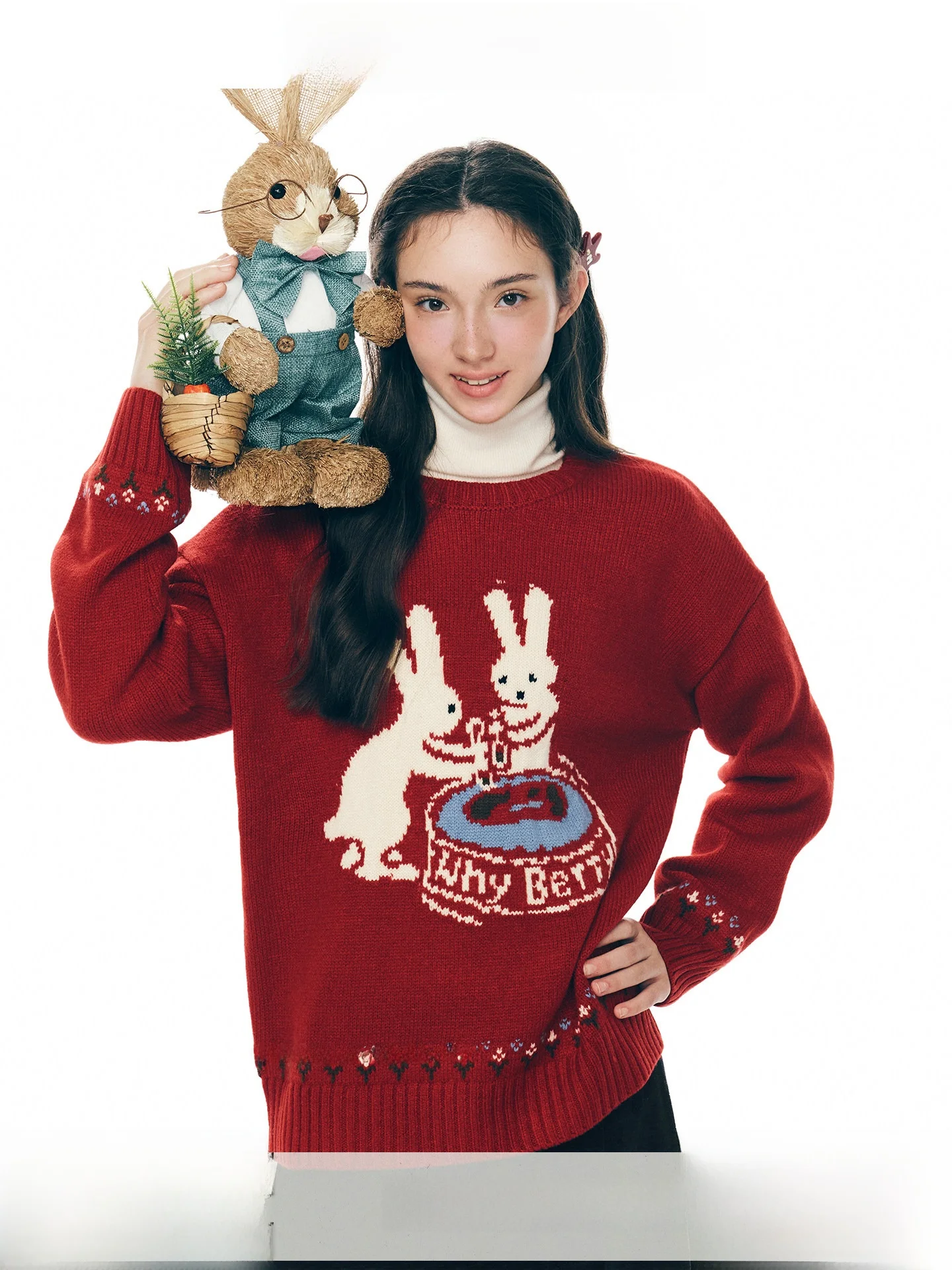 

Женский вязаный свитер WhyBerry Cisas Red с кроликом, свободный крой, длинный рукав, теплый топ, повседневный стиль, милый дизайн