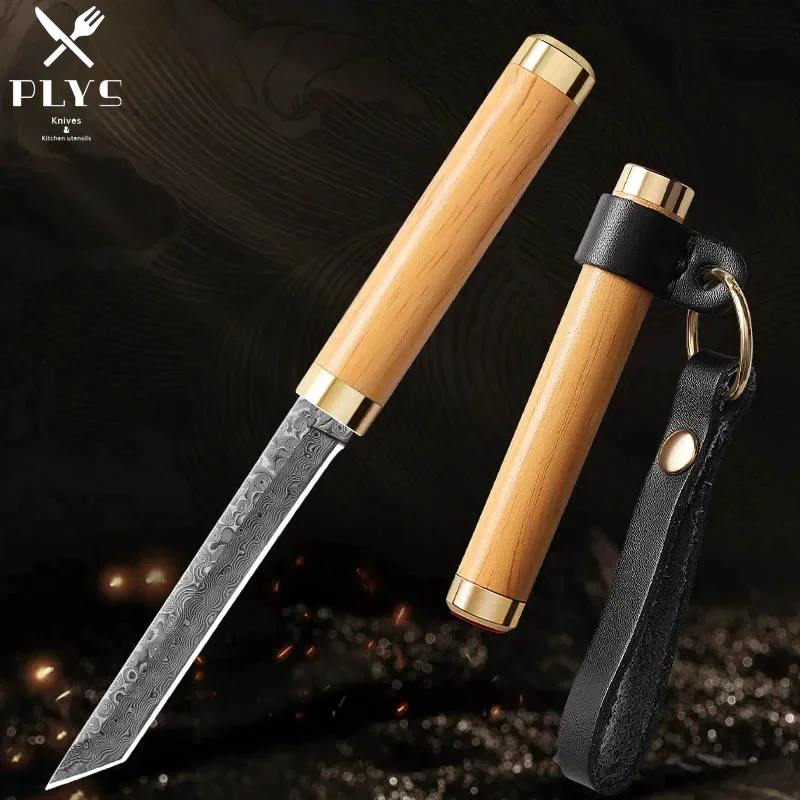 2.95 Inch Damascus Pattern Straight Knife Multifunctional Sharp Kitchen Knife Portable Carrying Pocket Knife