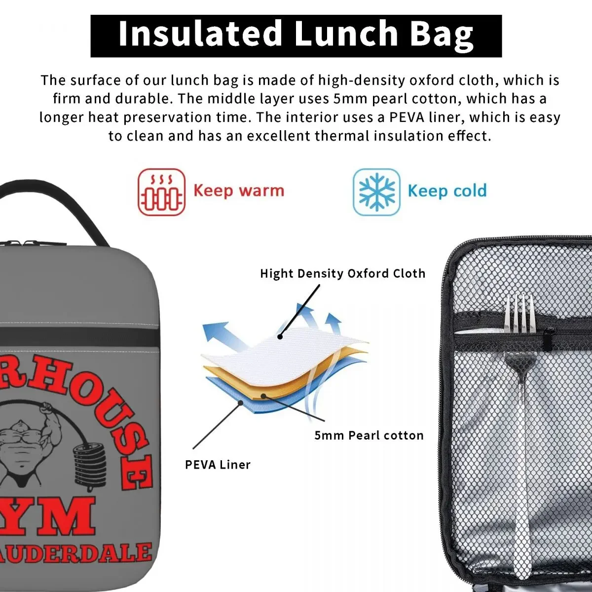 Powerhouse Gym Insulated Lunch Tote Bag for Women Fitness Building Muscle Portable Thermal Cooler Food Lunch Box School Travel