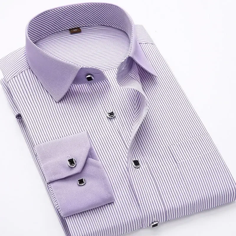 New Men's French Cuff Dress Shirt White Long Sleeve Formal Business Shirts Stylish Striped Casual Shirts for Men with Cufflinks