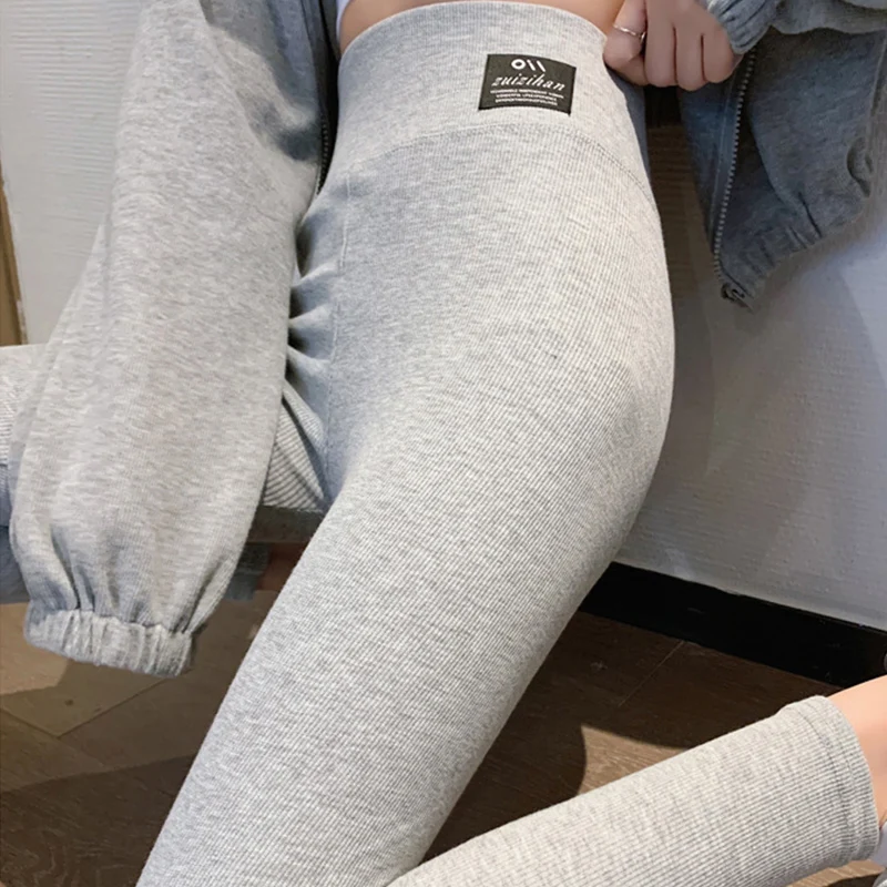 Fashion Gray Ribbed Leggings Women Spring Autumn Sporty Tight High Waist Legging Woman Casual Letter Spandex Pants Mujer