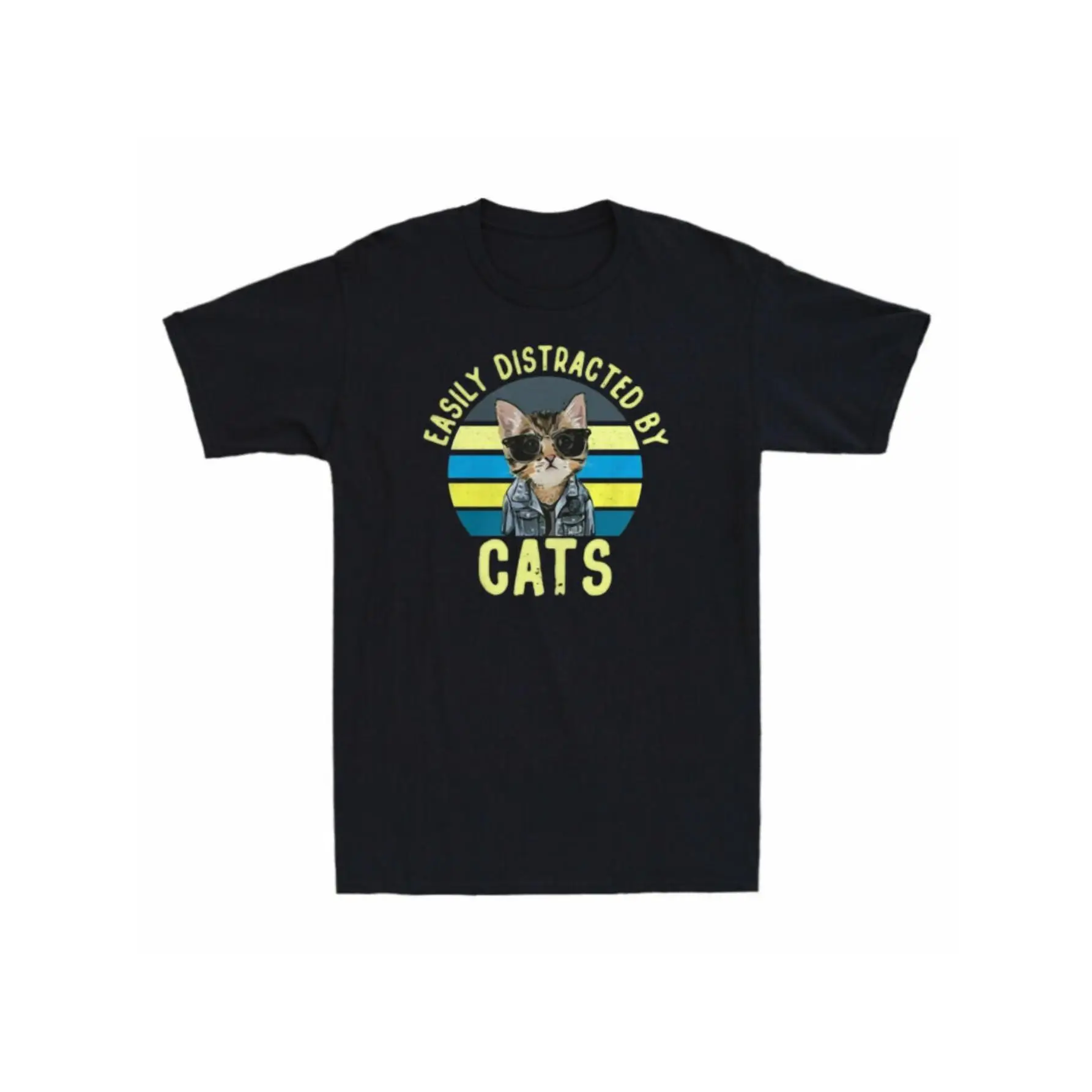 

Women's Vintage "Easily Distracted By Cats" Graphic T-Shirt - Soft Black Short Sleeve Round Neck Summer Top With Retro Cat Fashi