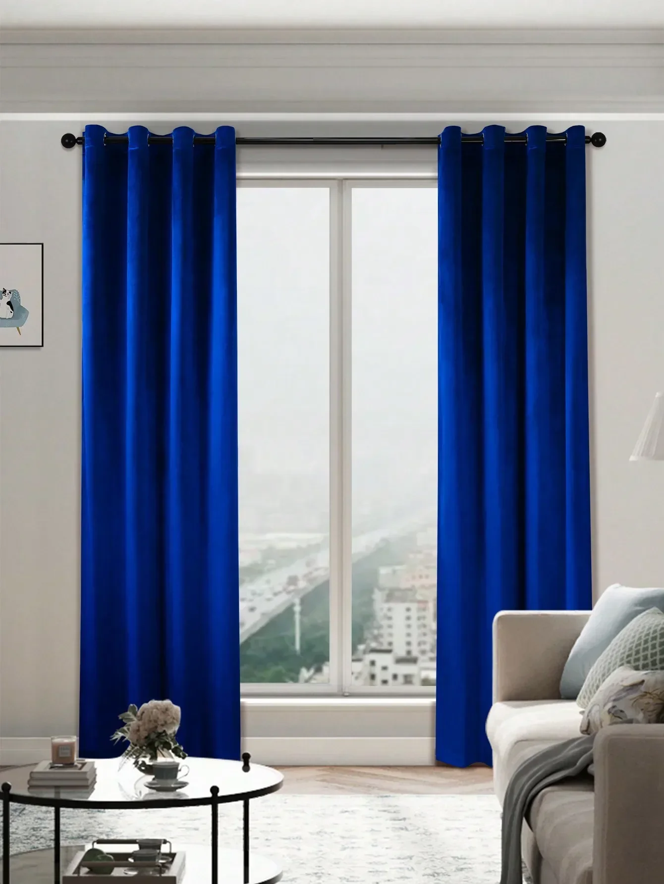 1pc Blue Color Luxurious Curtains for Living Room Velvet Material Thick & Warm Retro Bedroom Window & Door Decoration