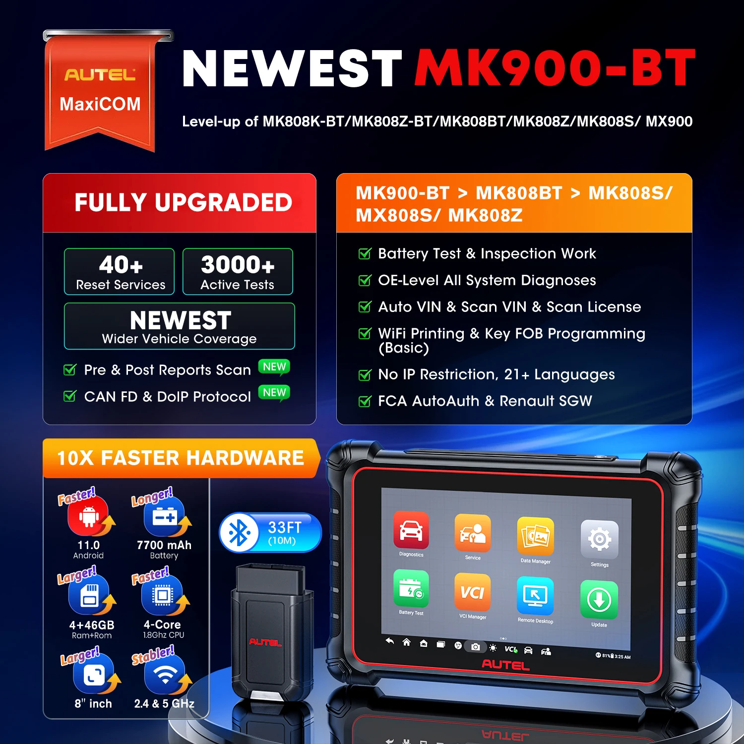 Autel MaxiCOM MK900BT With Bluetooth Car Diagnostic Tools OBD2 Scanner 40+Service Active Test CAN-FD&DOIP Upgrade of MK900