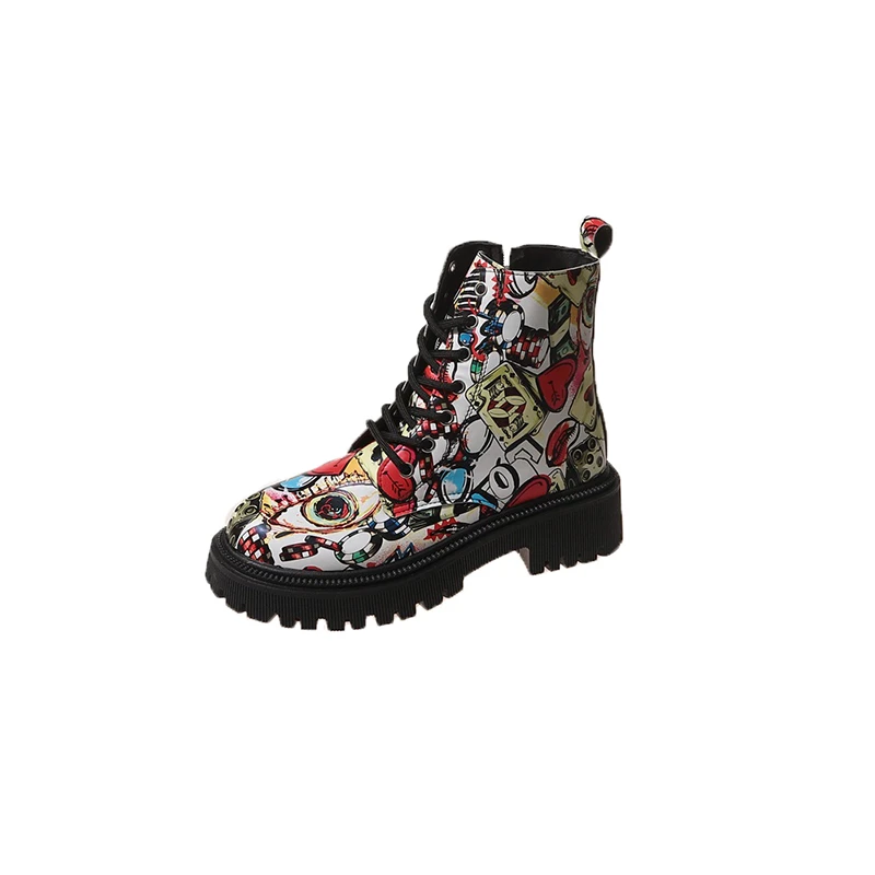 

2026 New Popular Autumn and Winter Graffiti Street Style Women's Boots Printed Cartoon Leather Booties Punk Style Thick Heel 42