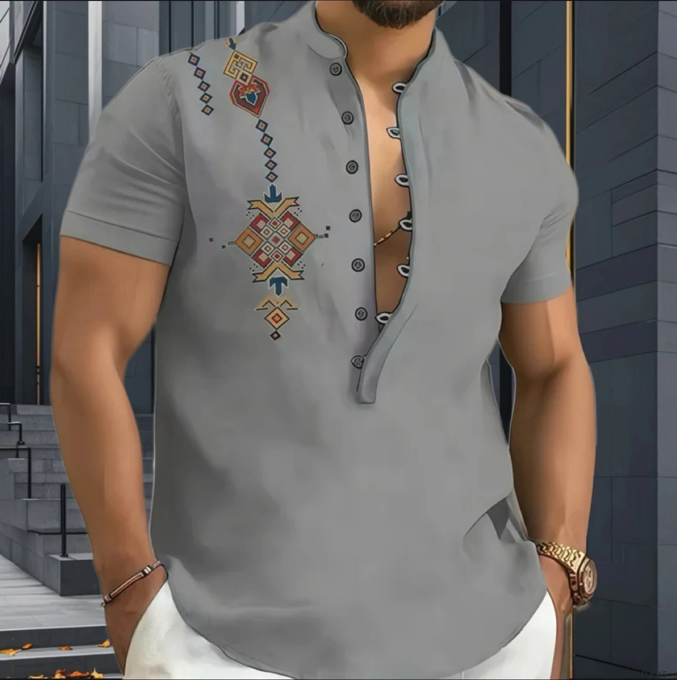 12 Colors Men's Tribal Print Shirts High Quality Men's Shirts Retro Geometric Print Short Sleeve Shirts Plus Size XS-6XL