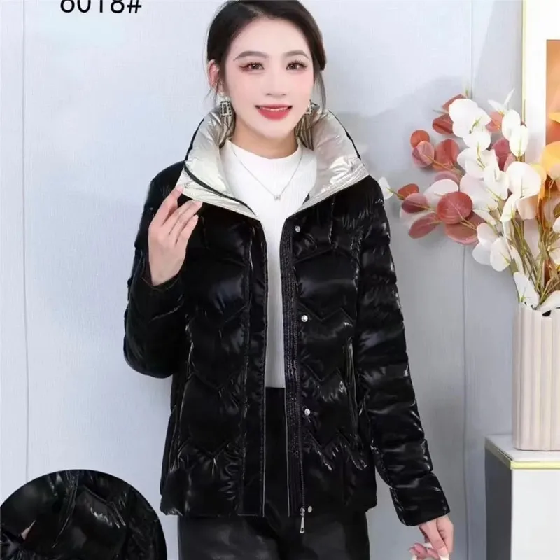 

2023 New Winter Parkas Glossy Down Cotton Padded Jacket Women Fashion Stand Collar Short Slim Warm Coat Female Outerwear H3183