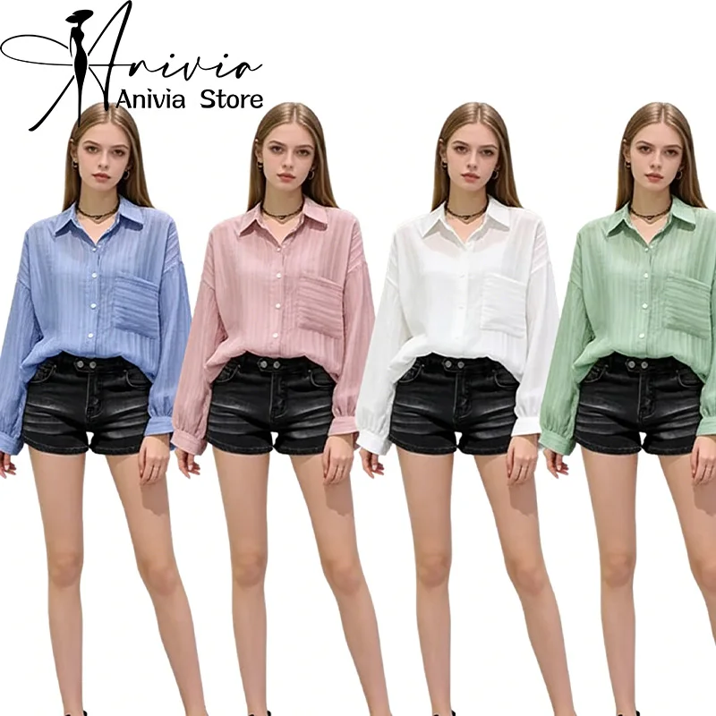 

Women's Summer Fashionable Long Sleeve Collared Sun Protection Shirt Thin Beach Vacation Top Casual Leisure Aesthetic Design New