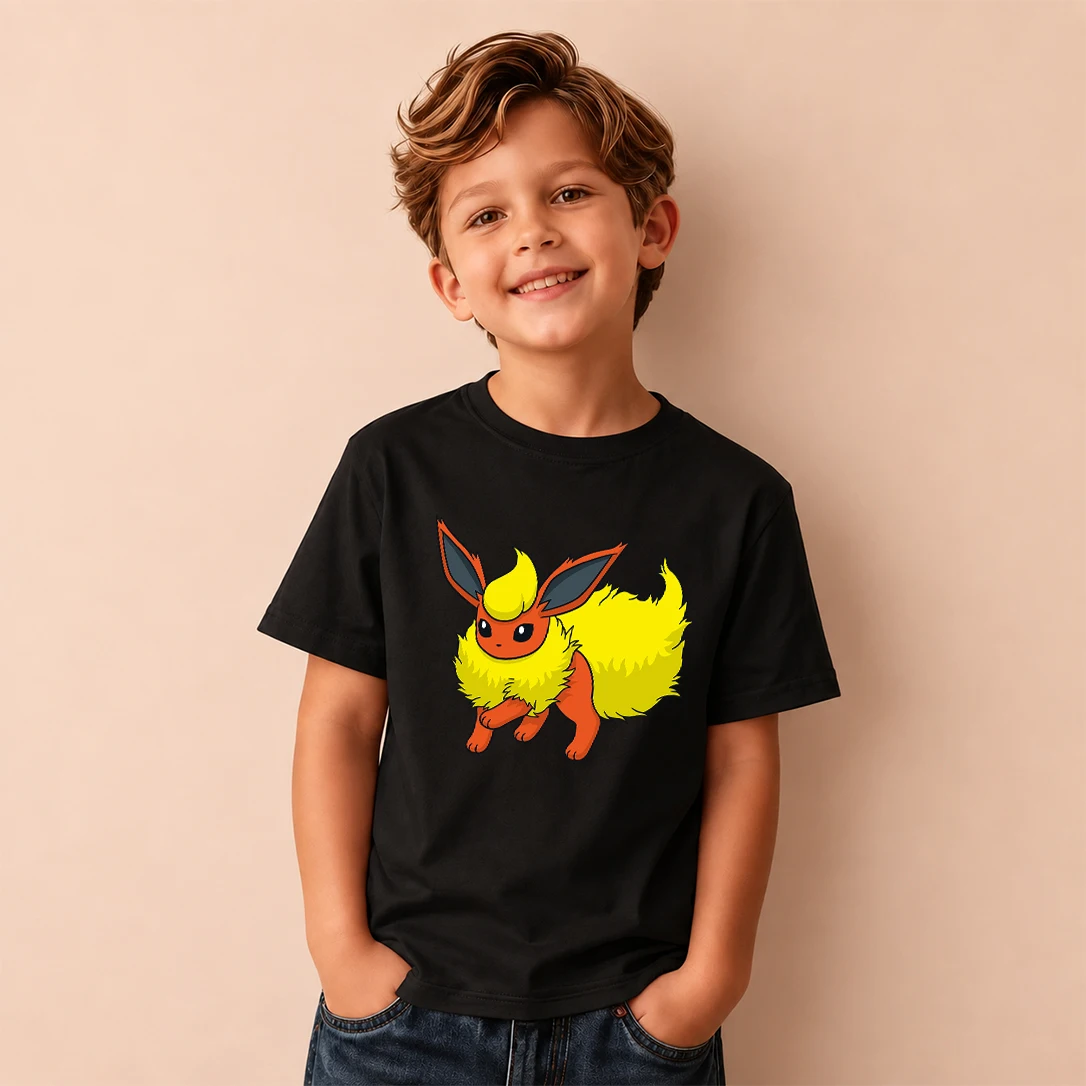 Kids T-shirt Pokemon Flareon Print Short Sleeve Tee Boys Girls Casual Tops Birthday Gift