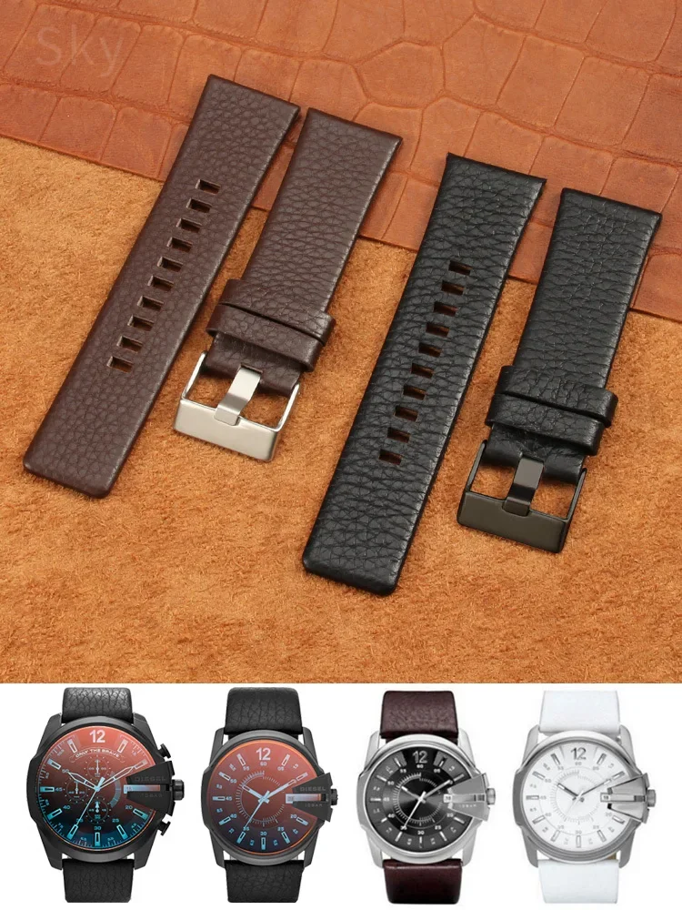 Genuine Leather Strap for Diesel Dz7313 Dz7322 7257 Dz4323 1657 Series Waterproof Breathable Litchi Pattern N26 28mm Watchband