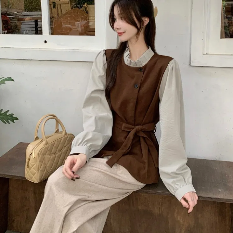 Lana allentata chic da donna con design in legno Autunno Inverno Semplice Sli Trendy Pendolarismo Sle Long Sve Top