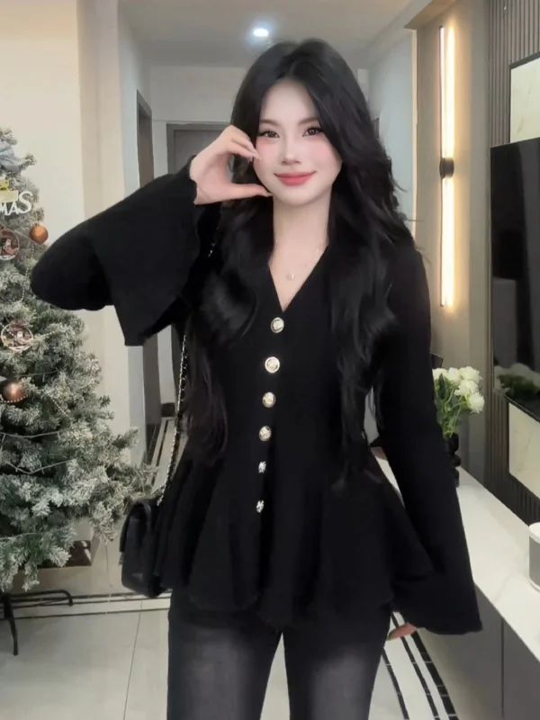

plus Size Women's Korean Sle Knitwear with Bell Sves Waist Cinched V-Ne Sweater Autumn Winter New Faion Slim Fit