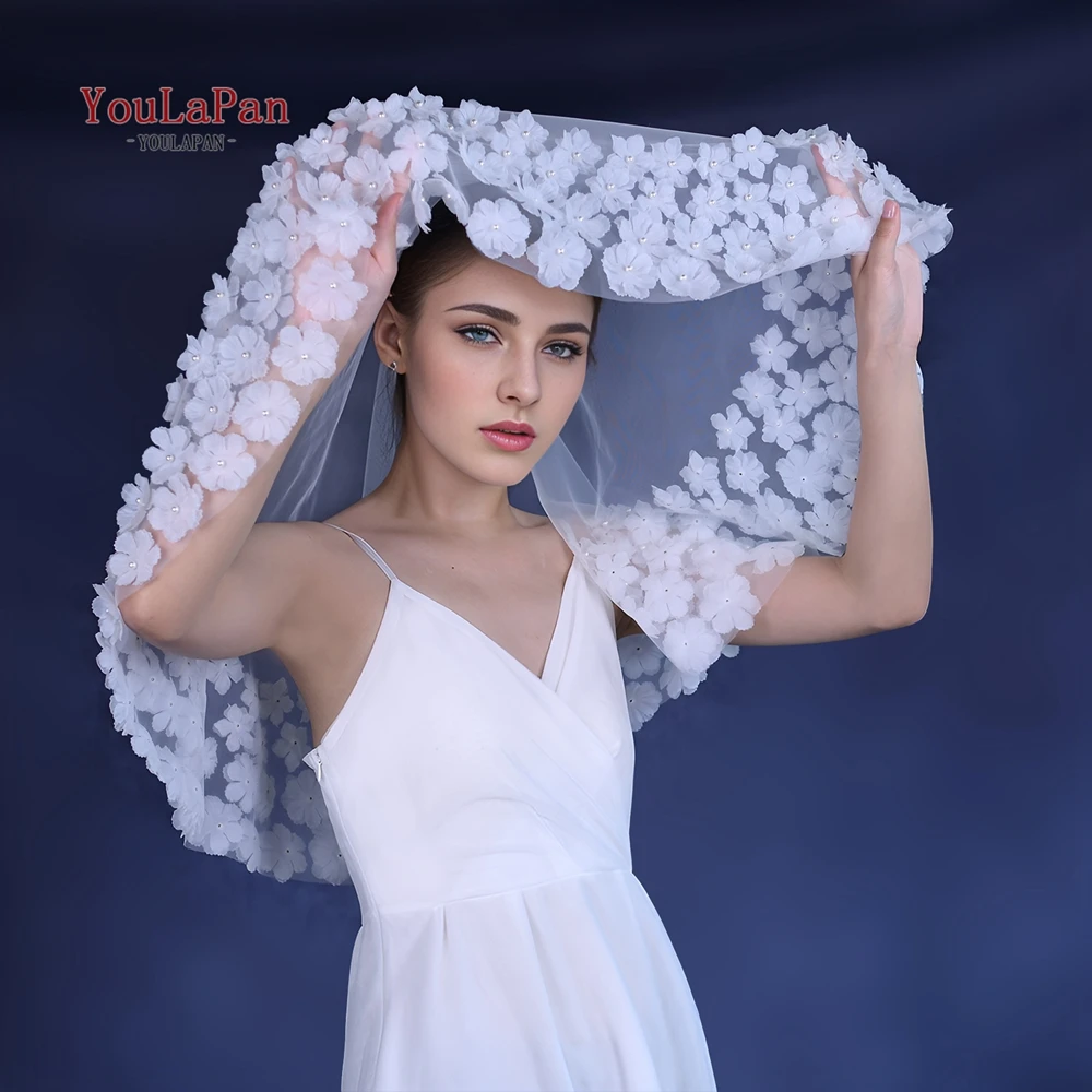 YouLaPan Bridal Double Short Blusher Veil With pearl Soft Tulle 3D Flower Velo De Novia Elegante Cosas Para Bodas V234